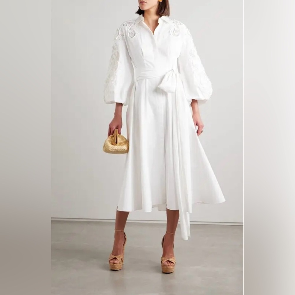 CAROLINA HERRERA Belted Guipure Lace-Trimmed Cotton-Twill Midi Dress Size 8